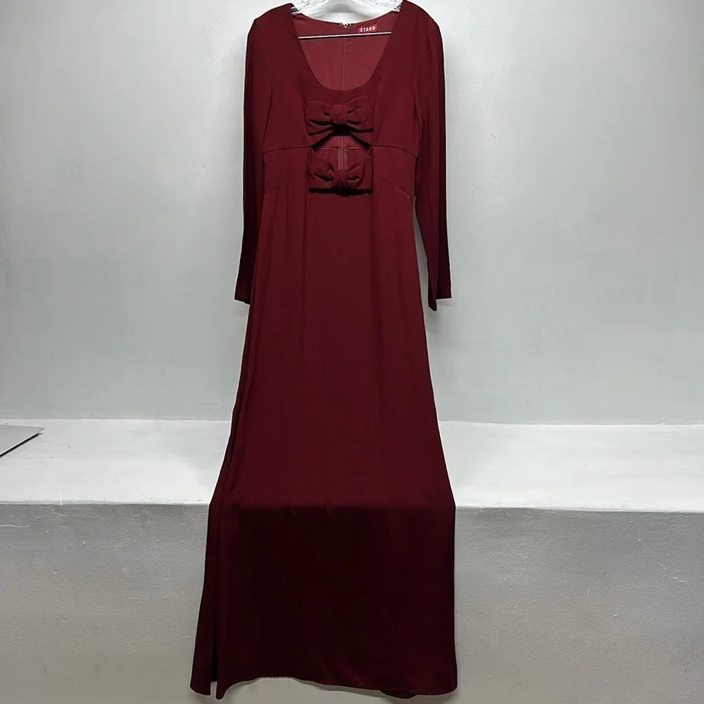 Staud Lido Dress Maxi Long Sleeve Cutout Bow Evening Gown Dark Red New Size 8 - Picture 2 of 13